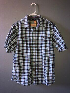 Men's 100% Cotton Outdoor Life Short Sleeve Plaid Button Up Shirt Large Green